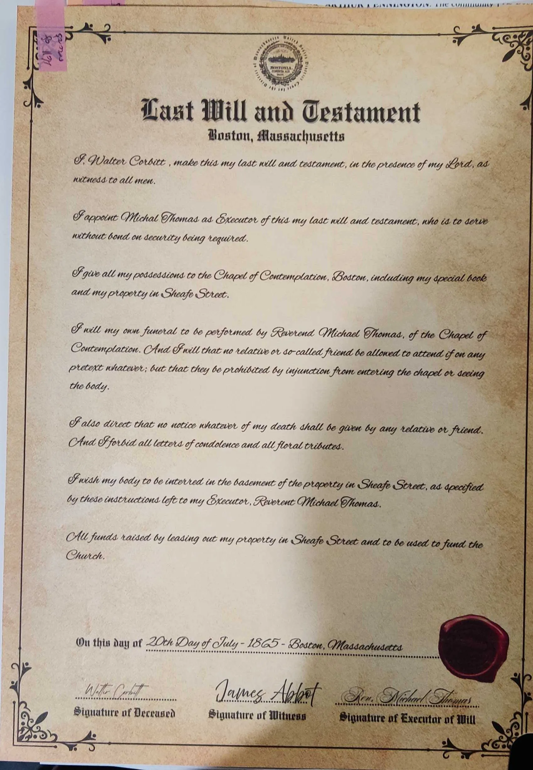 Last will and testament printed
